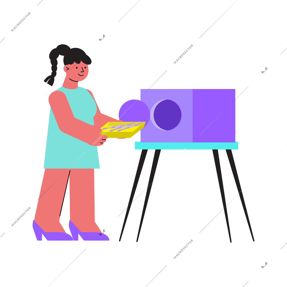 Manicure flat composition with isolated character of woman putting instruments into boiler for disinfection vector illustration