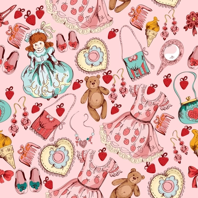 Little girl toys and accessories pink seamless wall paper pattern with bear doll abstract sketch vector illustration