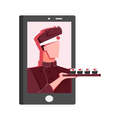 Sushi people composition with male character holding tray with sushi inside tablet screen frame vector illustration