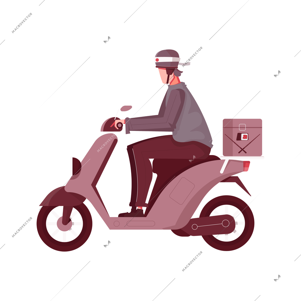 Sushi people composition with character of asian restaurant delivery boy riding scooter vector illustration