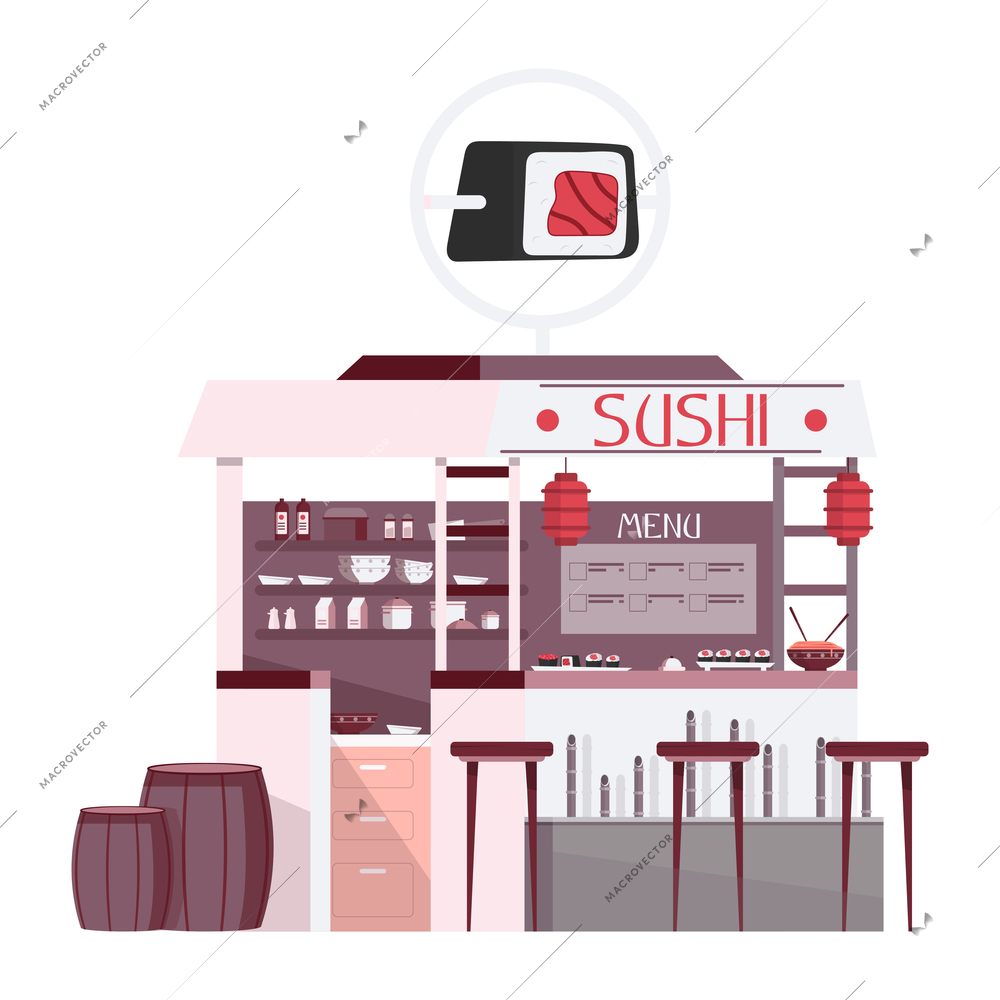Sushi people composition with view of bar stand with asian food and text vector illustration