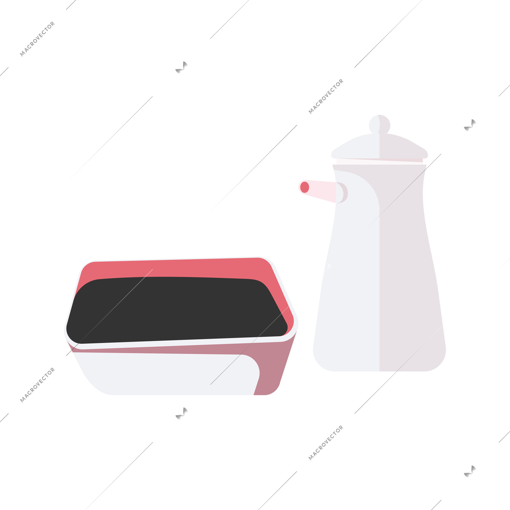 Sushi people composition with isolated image of tub with soy sauce and small pot vector illustration