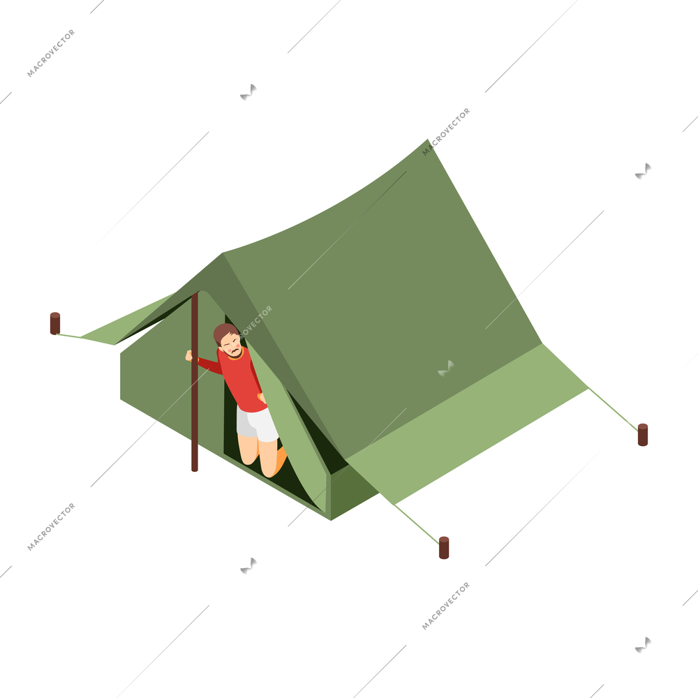 Social inequality and poor people problem isometric composition with isolated image of man in tent vector illustration