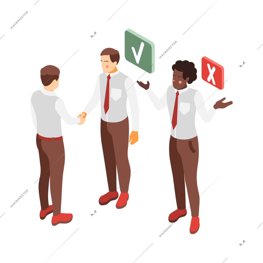 Social inequality and poor people problem isometric composition with boss preferring to hire white person over black vector illustration