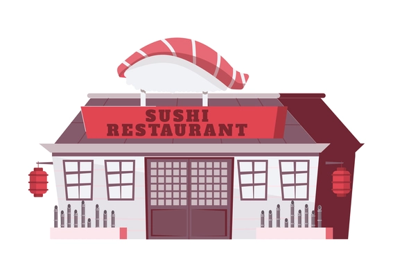 Sushi people composition with isolated image of asian restaurant building vector illustration