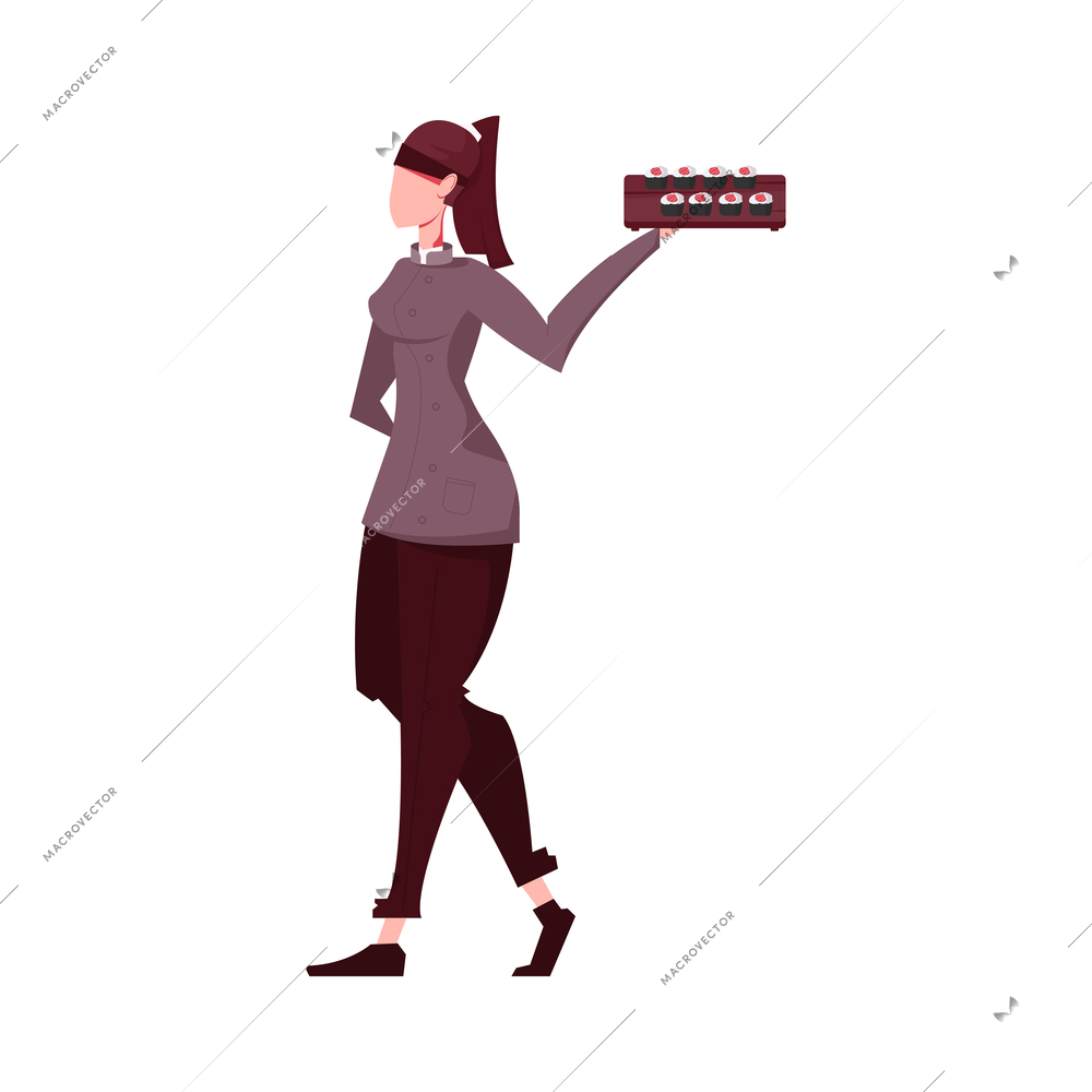 Sushi people composition with female character of waiter carrying tray with sushi rolls vector illustration