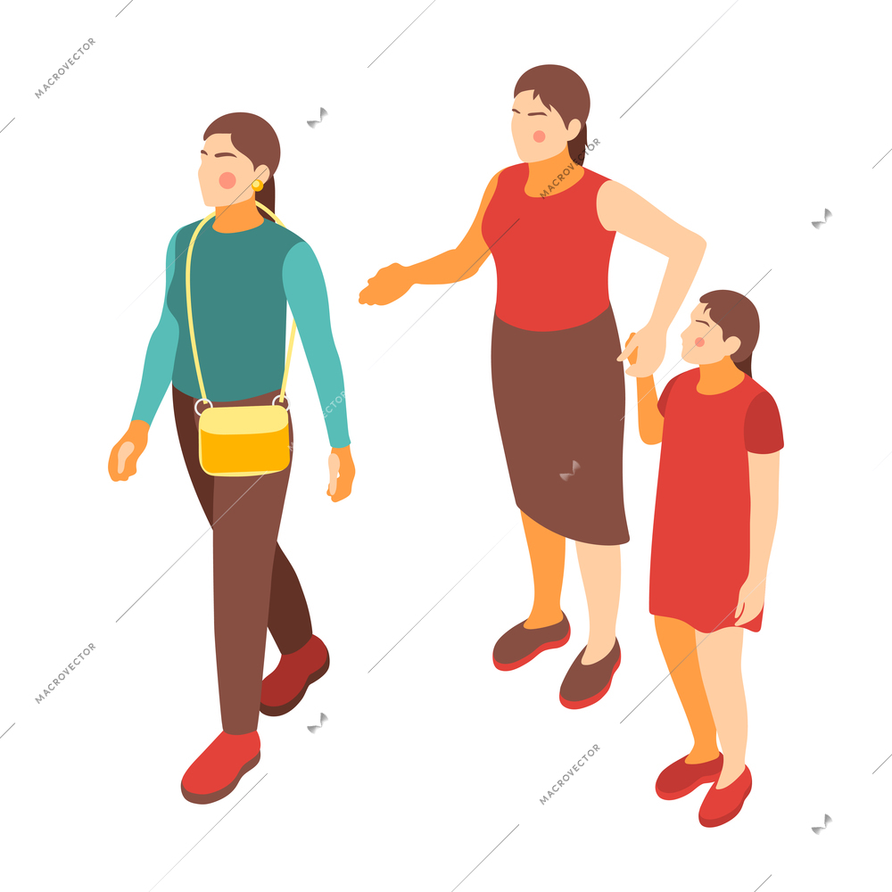 Social inequality and poor people problem isometric composition with poor girl with mother ignored by rich woman vector illustration