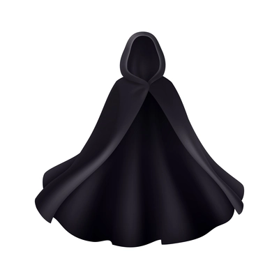 Black mantle hood realistic composition with isolated image of dark robe monk dress on blank background vector illustration