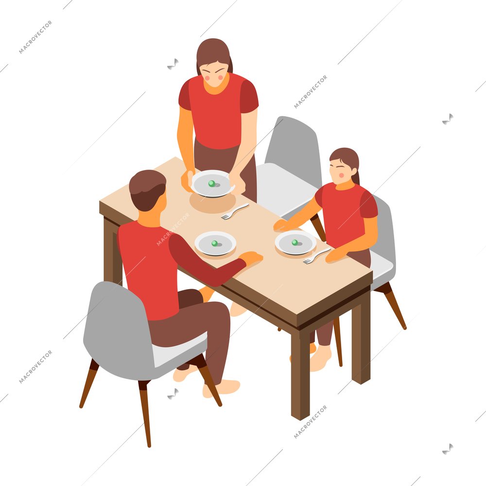 Social inequality and poor people problem isometric composition with poor family having breakfast at table together vector illustration