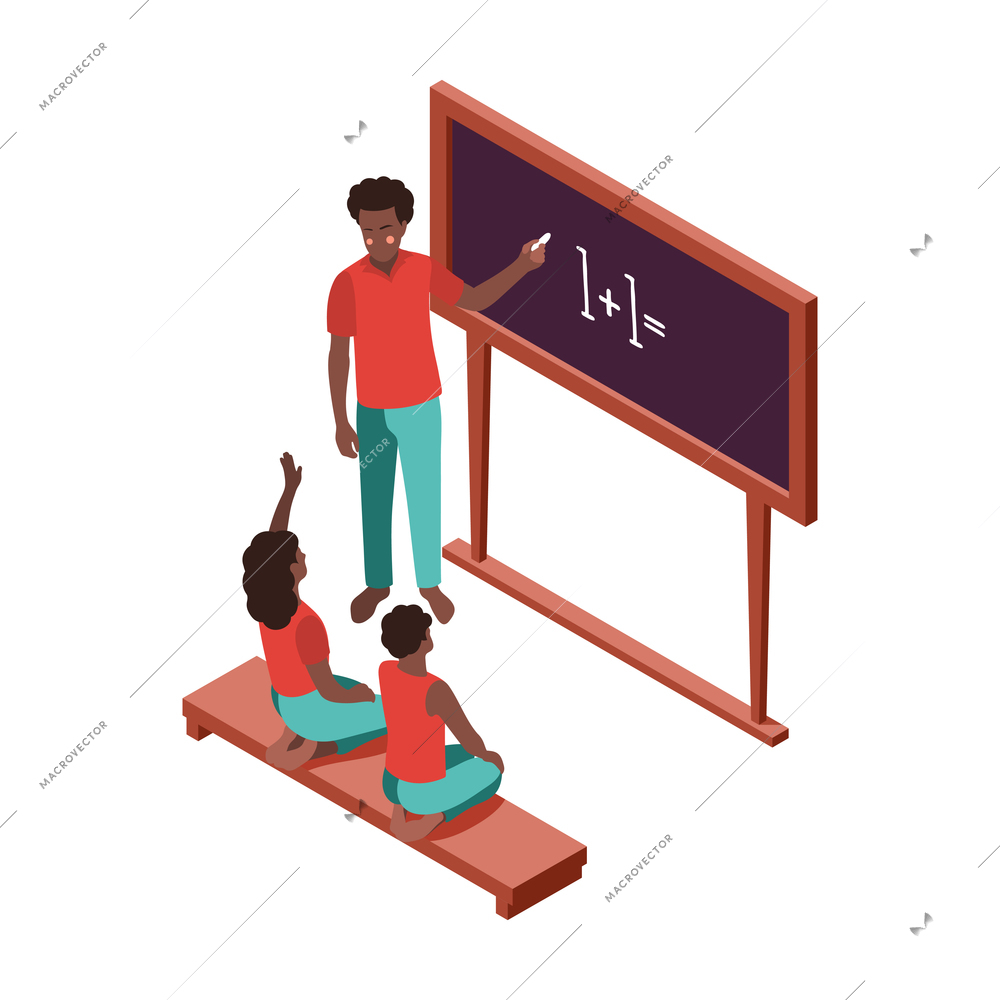 Social inequality and poor people problem isometric composition with african american teacher and kids with blackboard vector illustration