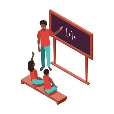 Social inequality and poor people problem isometric composition with african american teacher and kids with blackboard vector illustration
