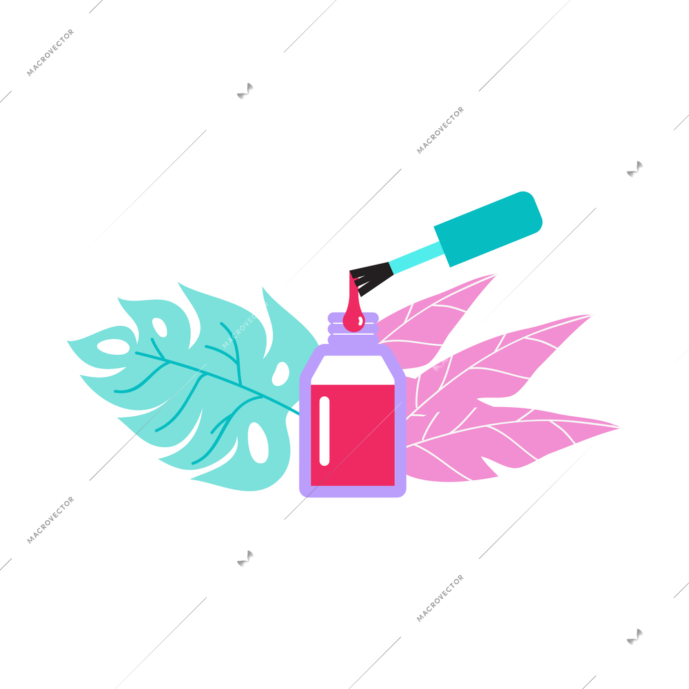 Manicure flat composition with images of colorful leaves and nail enamel vector illustration