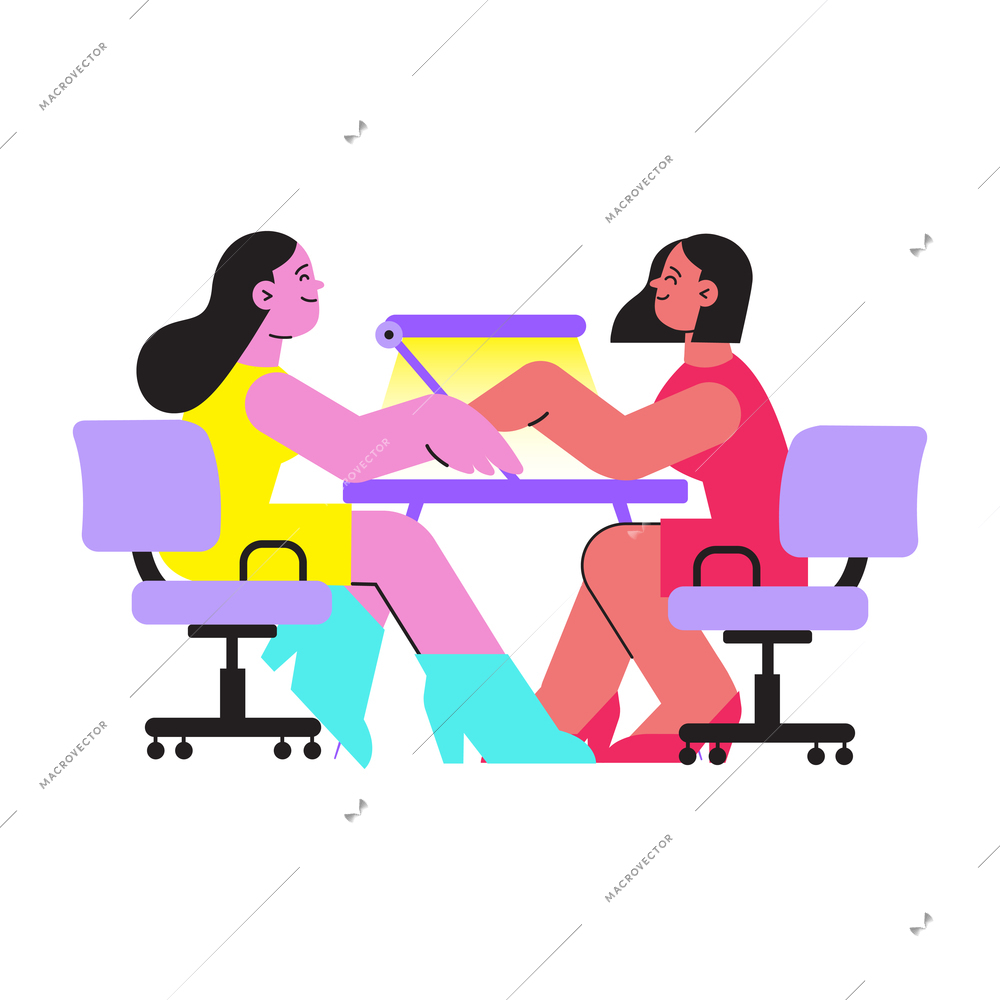 Manicure flat composition with images of two women sitting at table doing nails vector illustration
