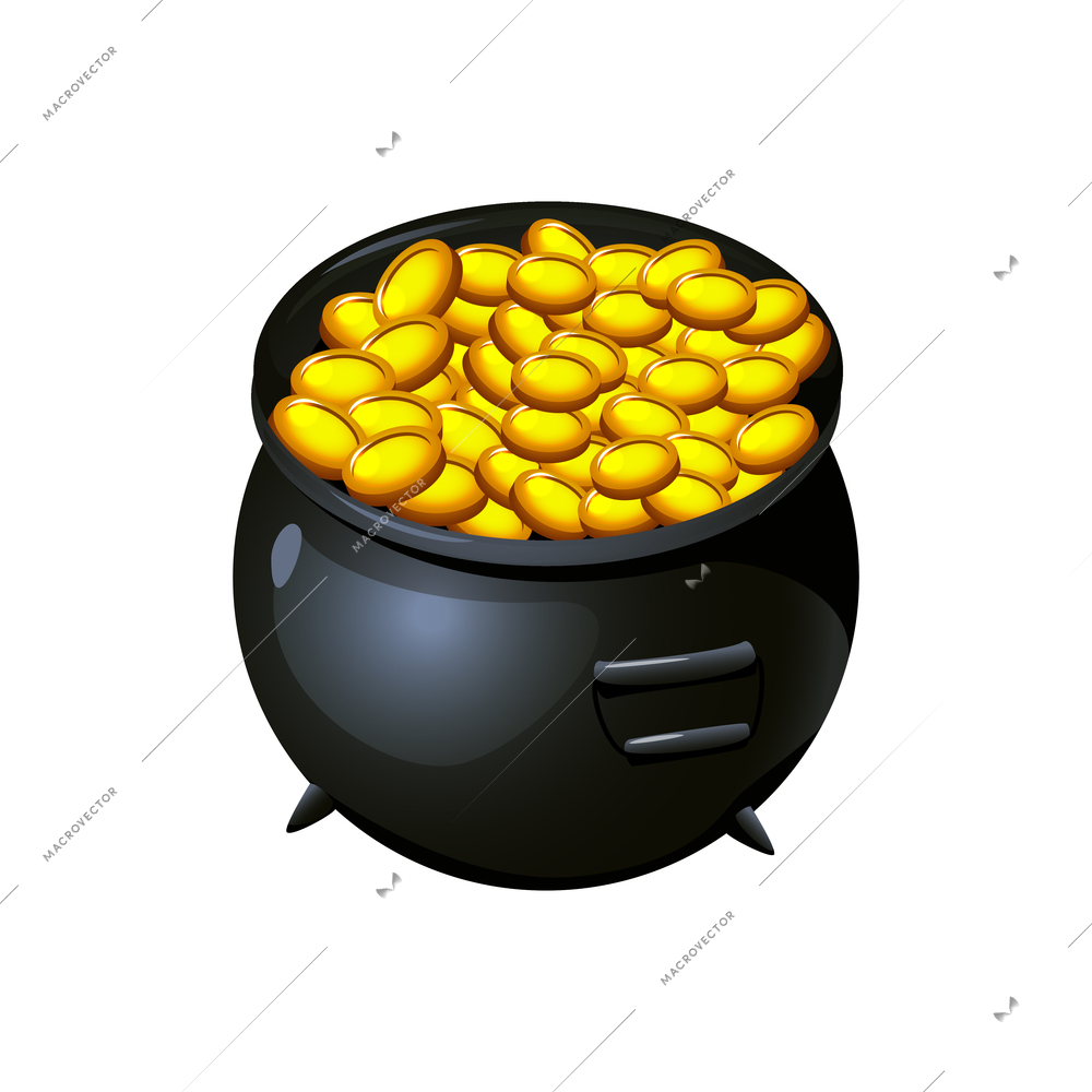 Treasures isometric cartoon game composition with isolated image of cooking pot filled with golden coins vector illustration