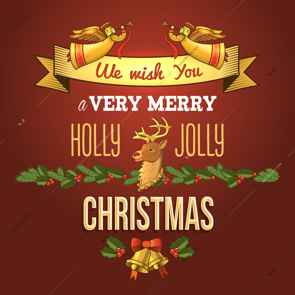 Merry christmas new year holiday ornament card with angel deer and bells vector illustration