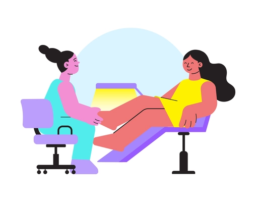 Manicure flat composition with images of woman doing pedicure with client on lounge chair vector illustration