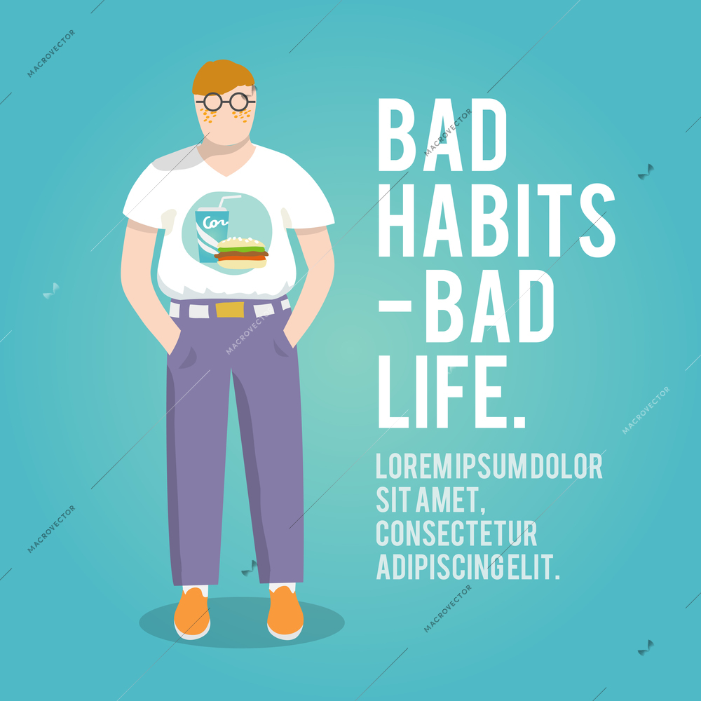 Fat person with junk food t-shirt bad habits bad life poster vector illustration