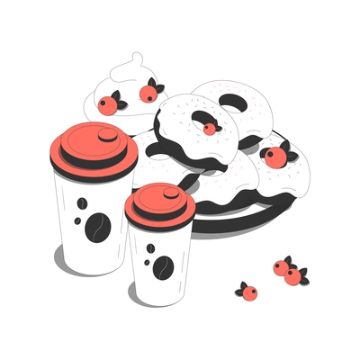 Fast food isometric composition with set of sweet donuts with berries on plate with coffee cups vector illustration