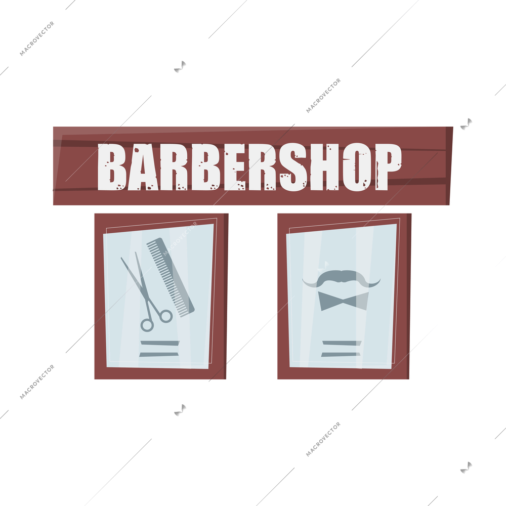 Barbershop flat composition with isolated image of wooden signboard with text and images of hair beard and moustache vector illustration