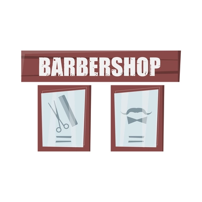 Barbershop flat composition with isolated image of wooden signboard with text and images of hair beard and moustache vector illustration