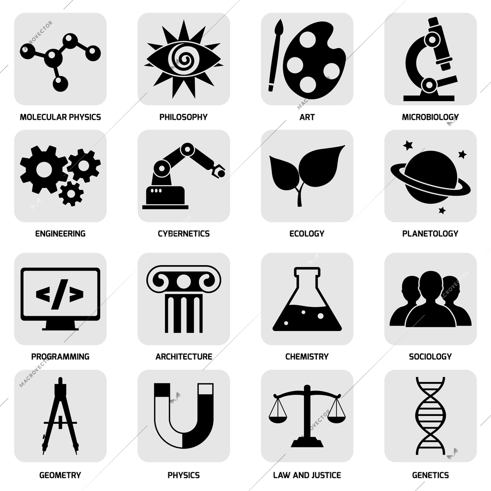 Science areas icons white set with molecular physics philosophy art microbiology isolated vector illustration