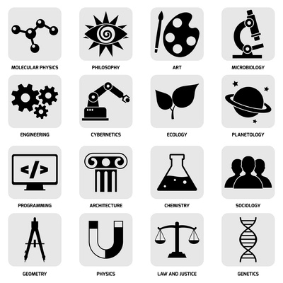 Science areas icons white set with molecular physics philosophy art microbiology isolated vector illustration