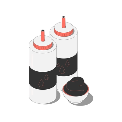 Fast food isometric composition with images of sauce bottles with dish on blank background vector illustration