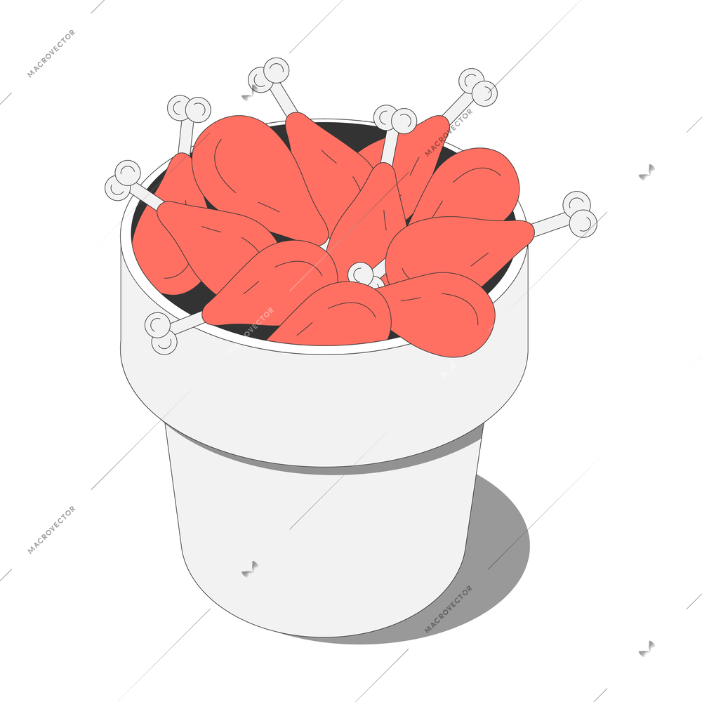 Fast food isometric composition with isolated image of bucket filled with chicken sticks vector illustration