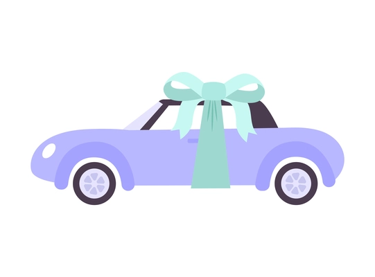 Dream flat composition with isolated side view image of car with festive blue ribbon with bow vector illustration