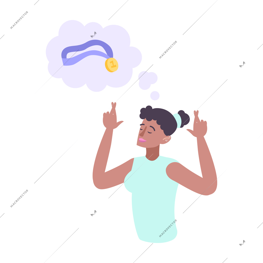 Dream flat composition with human character of girl dreaming of medal for first place vector illustration