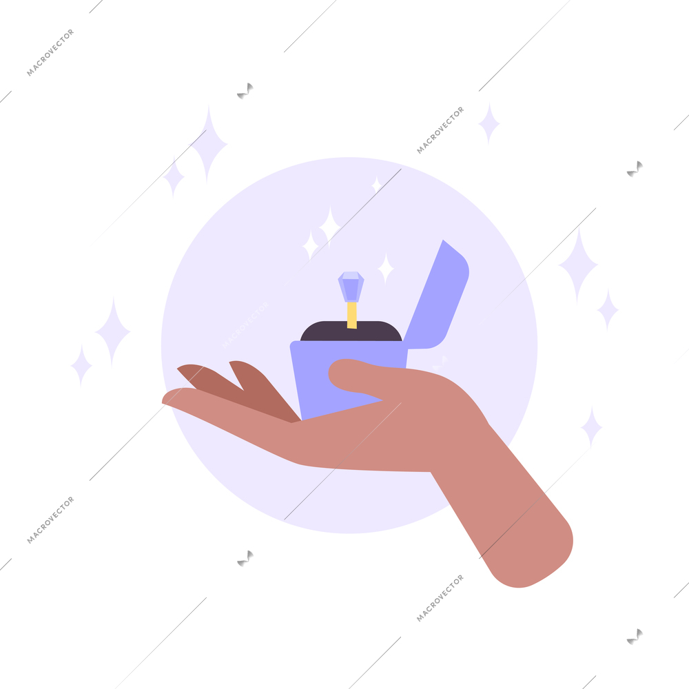 Dream flat composition with human hand holding engagement ring in case vector illustration