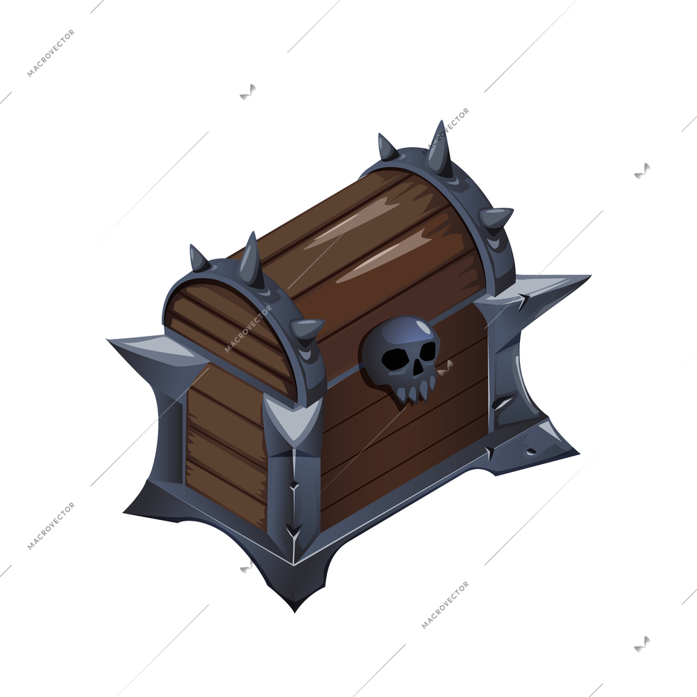 Treasures isometric cartoon game composition with isolated image of closed chest with human skull vector illustration