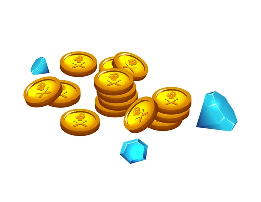 Treasures isometric cartoon game composition with isolated image of coin piles and gems vector illustration