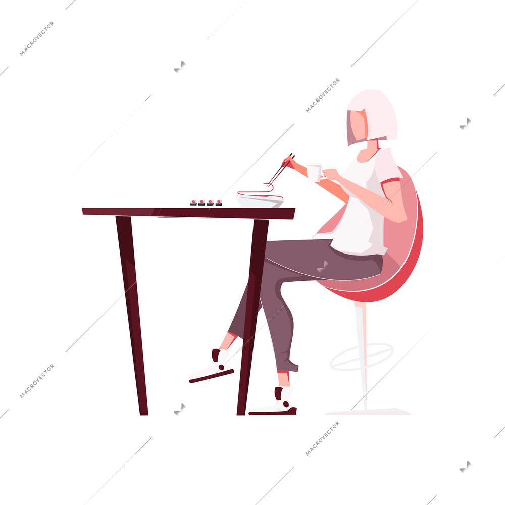 Sushi people composition with character of young girl sitting at table eating with chopsticks vector illustration