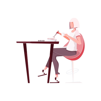 Sushi people composition with character of young girl sitting at table eating with chopsticks vector illustration