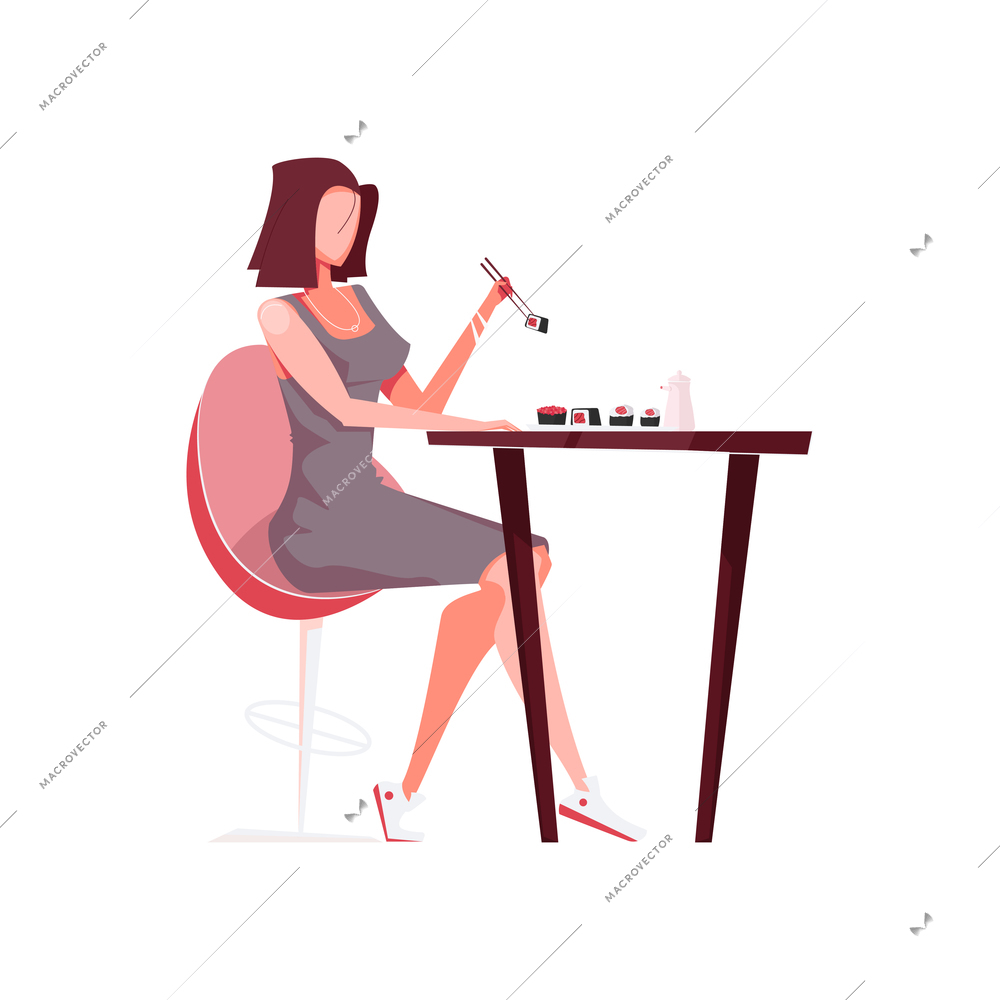 Sushi people composition with character of woman eating sushi with chopsticks vector illustration