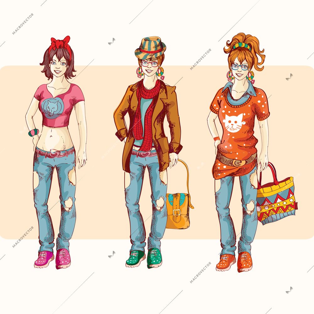 Hipster urban fashion trendy young girls colored sketch character set vector illustration.