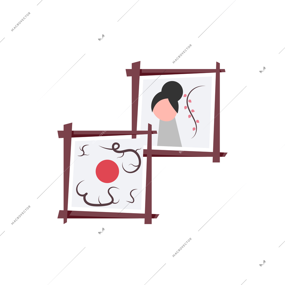 Sushi people composition with two wooden frames with oriental artwork for asian restaurant vector illustration