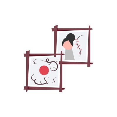 Sushi people composition with two wooden frames with oriental artwork for asian restaurant vector illustration