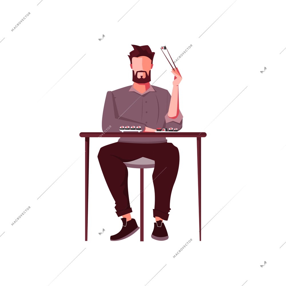 Sushi people composition with character of bearded man eating sushi with chopsticks vector illustration