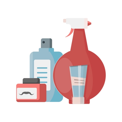 Barbershop flat composition with images of plastic jars with cosmetic lotions and sprays vector illustration