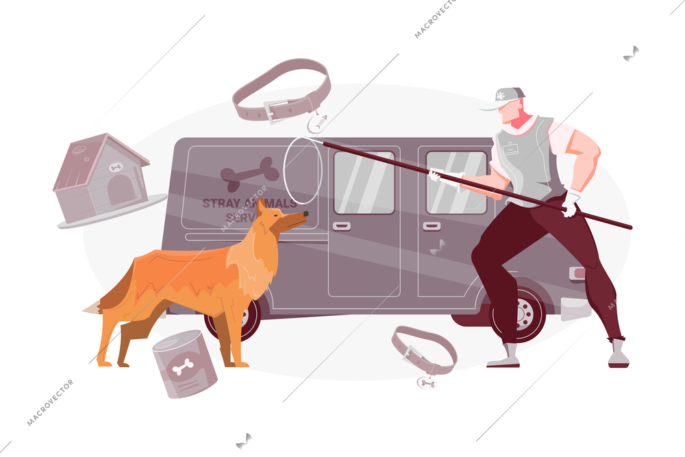 Homeless animal flat composition with dog catchers van and man with scoop net vector illustration