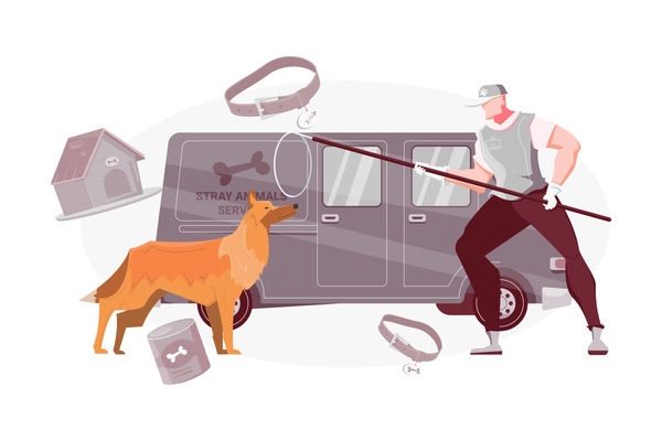 Homeless animal flat composition with dog catchers van and man with scoop net vector illustration