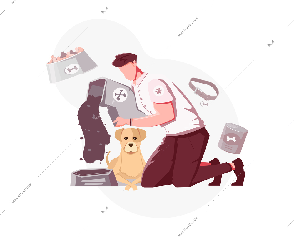 Homeless animal flat composition with male character pouring dogs food in dishes vector illustration