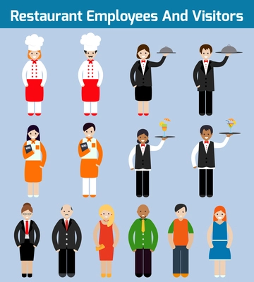 Restaurant employees and visitors flat avatars set with waiter chef servant isolated vector illustration