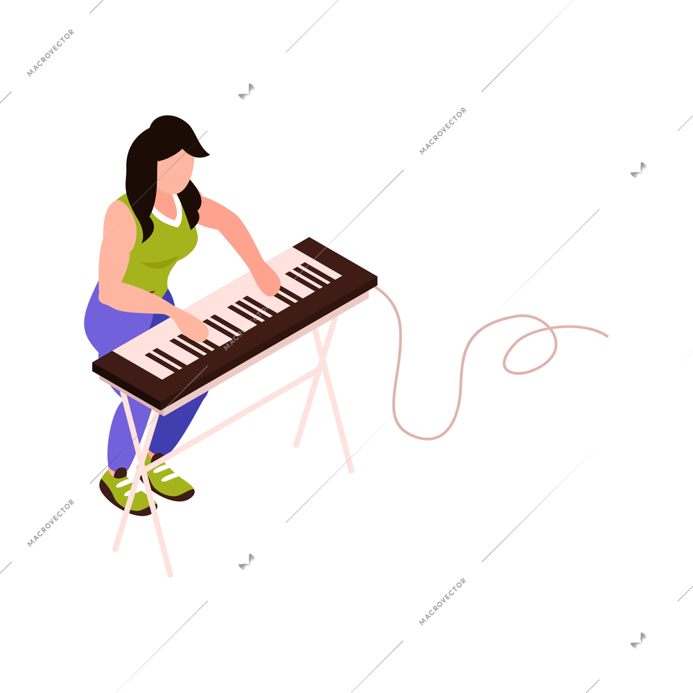 Isometric talent show tv program composition with female character of playing keyboardist with synthesizer vector illustration