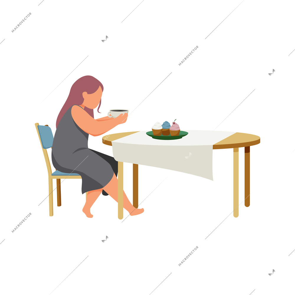 Woman daily routine flat composition with character of girl drinking coffee at table with sweet cupcakes vector illustration