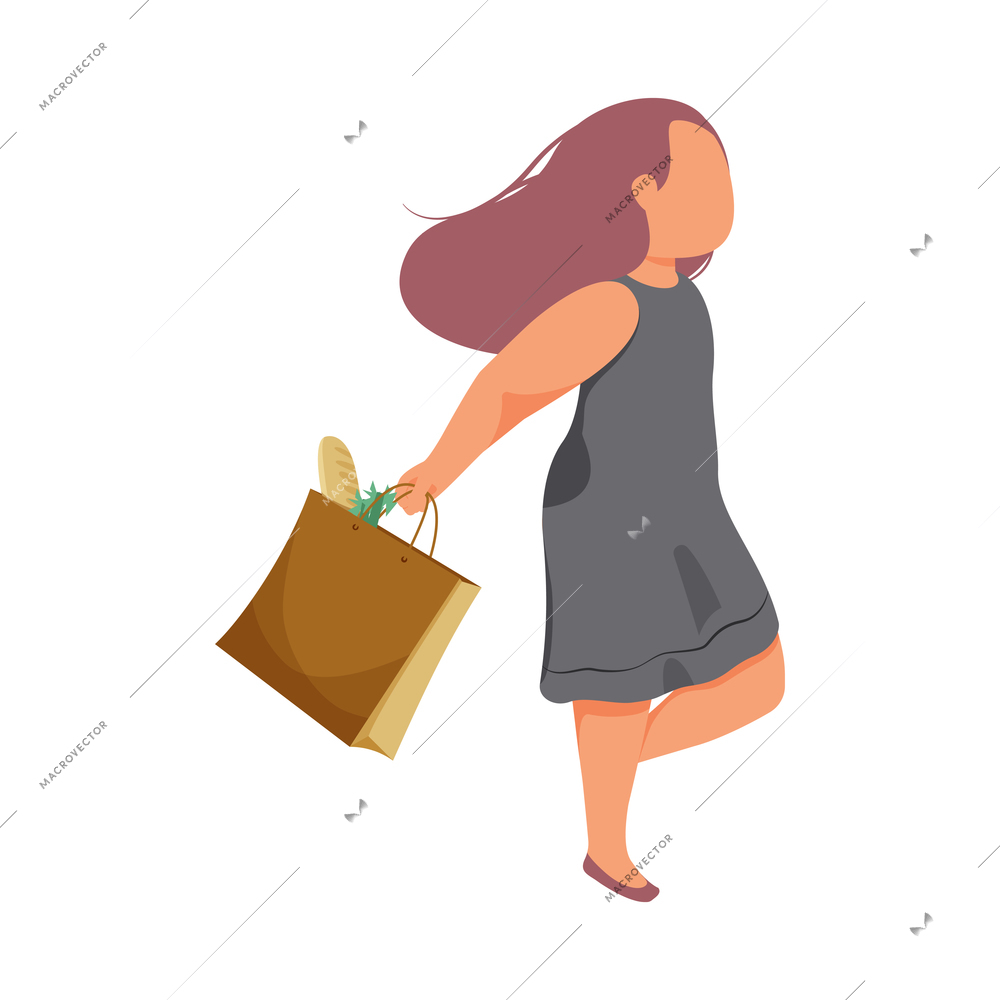 Woman daily routine flat composition with isolated character of walking lady carrying grocery shopping bag vector illustration