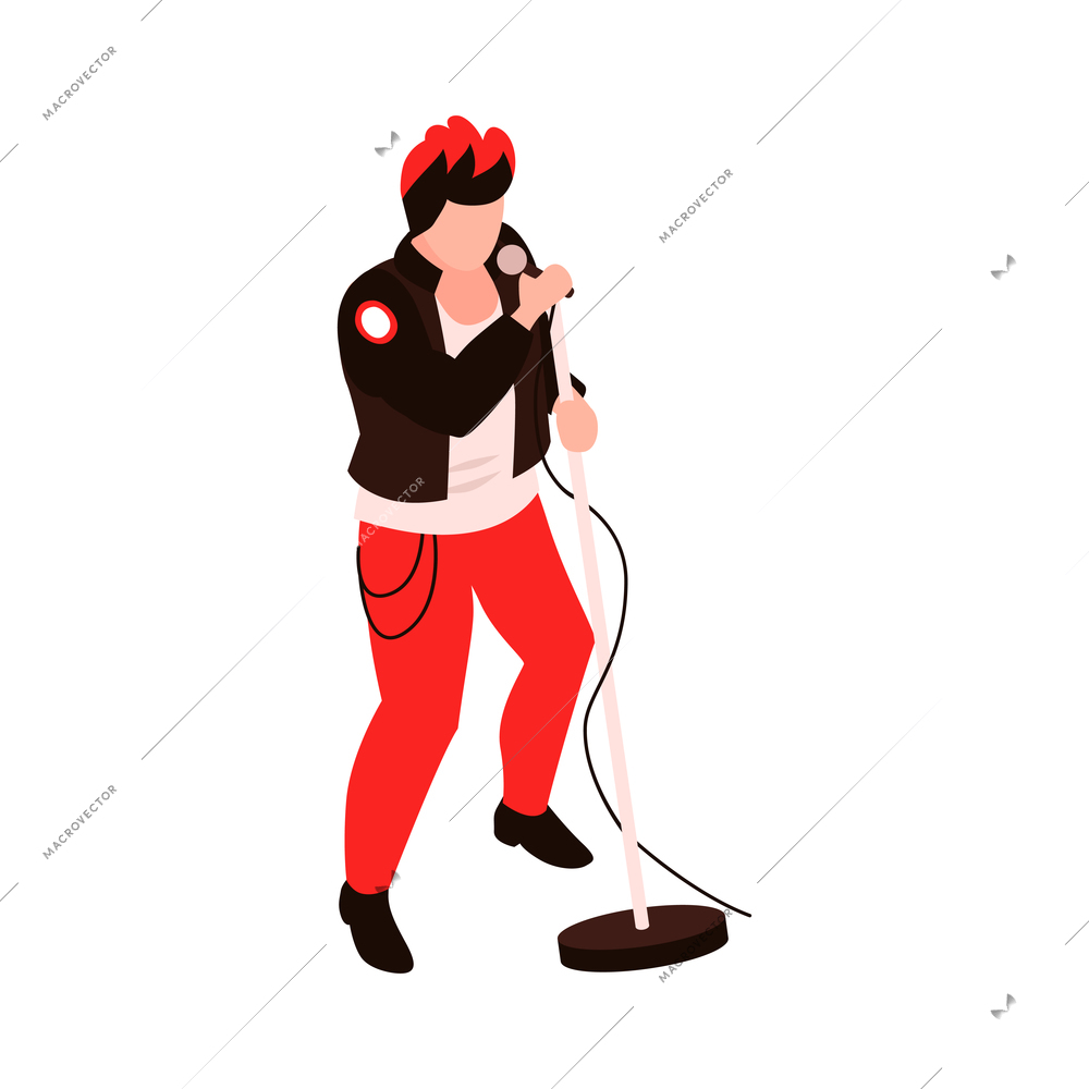 Isometric talent show tv program composition with character of singing guy with colored hair vector illustration