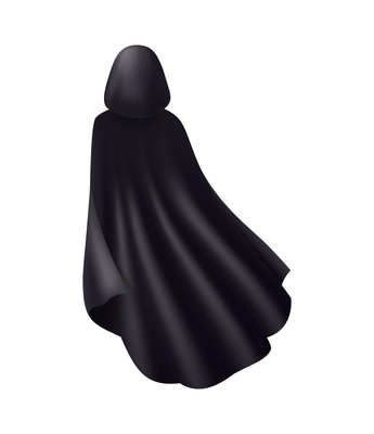 Black mantle hood realistic composition with isolated image of dark robe monk dress on blank background vector illustration